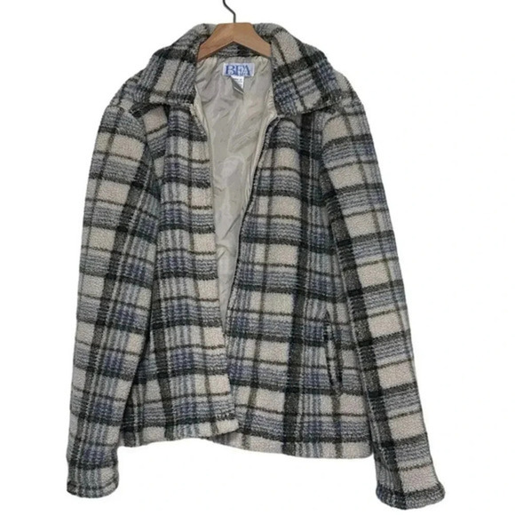 Vintage BFA Classics women's 1X plaid Sherpa jacket cream blue green boho - Picture 3 of 6